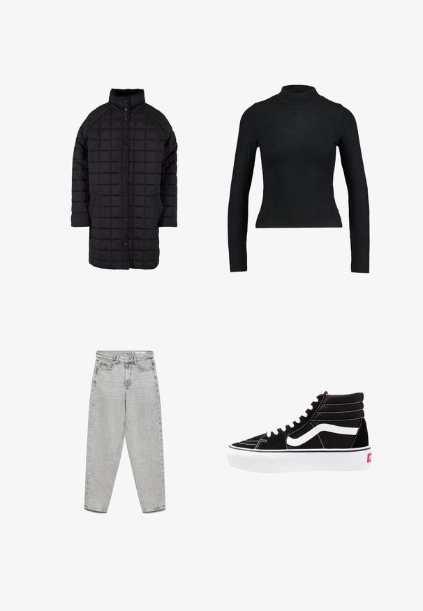 Schwarzer gesteppter Mantel mit hohem Kragen, Druckknopfverschluss und Fronttaschen. Der Stoff hat eine glatte Textur mit einem rautenförmigen Muster.; Schwarzes Langarm-Turtleneck-Oberteil aus geripptem Stoff, mit einer taillierten Passform und schlanker Silhouette. Keine Muster oder Akzente.; Hellgraue Jeans mit hohem Bund und geradem Bein, vorderen Taschen, Gürtelschlaufen und Reißverschluss.; Schwarze High-Top-Sneaker mit weißen Schnürsenkeln, einem weißen Logo und kontrastierendem weißen Nähten. Verfügt über eine dicke weiße Sohle und ein strukturiertes Wildleder-Obermaterial.