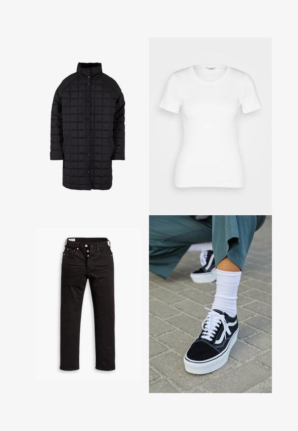 Zwarte gewatteerde jas met een hoge kraag, drukknoopsluiting en voorkruiszakken. De stof heeft een gladde textuur met een ruitpatroon.; Witte katoenen T-shirt met korte mouwen, ronde halslijn en ribbelstructuur. Strakke pasvorm met een gladde, schone afwerking.; Zwarte rechtlopende jeans met knoopsluiting, voor- en achterzakken, en koperen klinknagels op een witte achtergrond.; Zwarte suède sneaker met witte accenten en veters, uitgerust met een dikke witte zool en contrasterende stiksels, gecombineerd met een witte sok.