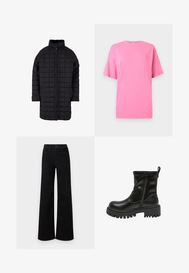 Zwarte gewatteerde jas met een hoge kraag, drukknoopsluiting en voorkruiszakken. De stof heeft een gladde textuur met een ruitpatroon.; Felroze oversized T-shirt met korte mouwen en ronde hals, met verlaagde schouders, op een effen lichtgrijze achtergrond.; Zwarte wide-leg jeans van denim, met een hoge taille, klassieke vijf-pocketontwerp en een knoopsluiting aan de voorkant.; Zwarte leren midkuitlaars met dikke profielzool, zijrits, trekriem aan de achterkant en het merknaam in reliëf op de zoolrand.