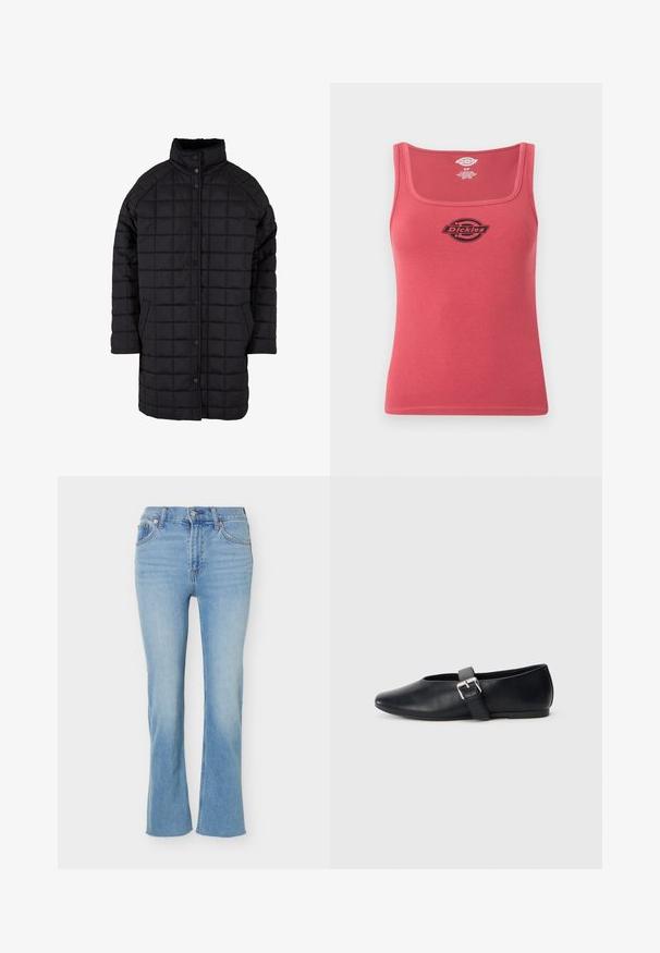 Schwarzer gesteppter Mantel mit hohem Kragen, Druckknopfverschluss und Fronttaschen. Der Stoff hat eine glatte Textur mit einem rautenförmigen Muster.; Rotes, geripptes Tanktop mit quadratischem Ausschnitt und schwarzem Dickies-Logo in der Mitte der Brust, Größe S.; Hellblaue Jeans mit hoher Taille, Knopf- und Reißverschluss, Vordertaschen und leicht ausgestellten Hosenbeinen.; Schwarze Lederflachschuhe mit einem runden Zehendesign, ausgestattet mit einem seitlichen Schnallenriemen und einer glatten Textur. Niedrigprofilsohle für einen bequemen Tragekomfort.