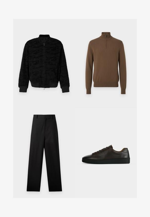 Veste bomber noire zippée avec des poignets et un ourlet côtelés, un motif texturé subtil et des poches latérales, présentée sur un fond uni.; Pull en laine marron avec un col montant et une demi-fermeture éclair. Il dispose de poignets et d'un ourlet côtelés et est fabriqué dans un tissu texturé.; Pantalons noirs en coton avec une coupe droite, dotés d'une fermeture à bouton à l'avant et de poches latérales. Texture lisse, sans motifs.; Baskets basses en cuir marron foncé avec semelle en caoutchouc noire, lacets à l'avant et design minimaliste épuré sur fond clair.