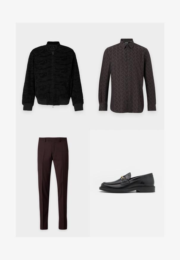 Veste bomber noire zippée avec des poignets et un ourlet côtelés, un motif texturé subtil et des poches latérales, présentée sur un fond uni.; Chemise à manches longues marron foncé avec boutons, arborant un motif géométrique "MK" sur l'ensemble et un col standard, présentée sur un fond blanc.; Pantalon habillé slim marron foncé avec passants de ceinture, pli avant, sans poches visibles, présenté sur un fond clair uni.; Mocassins en cuir noir avec un embout rond, présentant des accents en métal doré et des détails de couture, montés sur une semelle en caoutchouc texturé et basse.