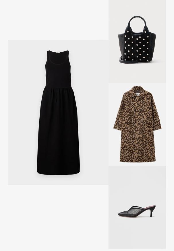 Leopardprint jas in bruin en zwart, met een dubbelzijdig ontwerp, gegoten kraag en twee voorzakken. Zachte textuur.; Zwart mouwloos maxi-jurk met een aansluitend lijfje, gathered taille en een vloeiende rok. Gemaakt van een zachte stof met een gladde textuur.; Zwarte gaas mule met pointed toe, dunne bandjes en een 7,5 cm hoge stilettohak. Kenmerkt zich door een doorschijnende textuur en een effen tonale zool.; Zwarte suède handtas met ronde zilveren studs, twee korte handvatten en een afneembare schouderriem op een witte achtergrond.