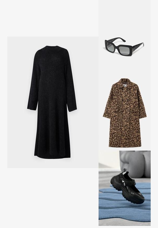 Leopardprintfrakke i brun og sort med dobbeltstående design, notch-krave og to forlommer. Blød tekstur.; Lang sort strikket kjole med rund halsudskæring og lange ærmer, der har en afslappet pasform og blød tekstur.; Sort chunky sneaker med tyk sål og velcrolukning på blåt tekstureret tæppe, sløret baggrund med en siddende person.; Sorte rektangulære solbriller med grå gradientlinser. Glansfuld plastikramme, med teksturerede sorte templer og diskret logo-detaljering.