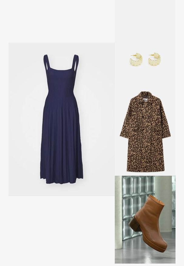 Manteau en imprimé léopard de couleur marron et noir, avec un design croisé, un col cranté et deux poches avant. Texture douce.; Robe maxi bleu marine avec un corsage côtelé et une jupe plissée. Caractéristiques des bretelles larges et une taille cintrée, fabriquée dans un tissu doux et extensible.; Bottine en cuir marron à talon bloc, flottant à l'intérieur près d'un mur en briques de verre et d'une colonne cylindrique sur un sol poli.; Boucles d'oreilles en métal doré en forme de créoles avec un design ondulé et festonné. Dotées d'une surface texturée et d'une fermeture par tige sécurisée pour un port facile.