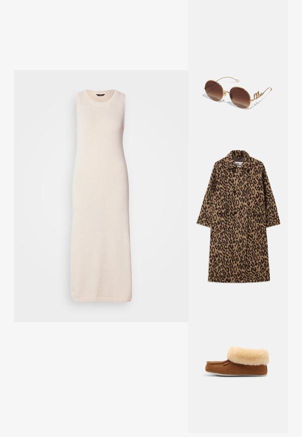 Leopardprintfrakke i brun og sort med dobbeltstående design, notch-krave og to forlommer. Blød tekstur.; Strikket ærmeløs maxikjole i lys beige, med en tekstureret overflade og rund halsudskæring, der falder lige til kanten.; Brune ruskindsslipper med tan kunstpelskant, rundt tå og flad hvid sål. Har minimal branding på siden.; Runde solbriller med brune linser og guld metalramme. Har buede arme med dekorative detaljer. Glat tekstur, minimalistisk design.