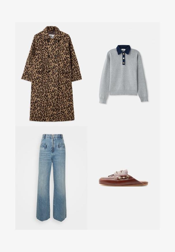 Leopardprintfrakke i brun og sort med dobbeltstående design, notch-krave og to forlommer. Blød tekstur.; Grå sweatshirt med en mørkeblå denimkrave, tre guldknapper og ribbede manchetter. Blød tekstur med et afslappet design.; sandro Jeans Relaxed Fit - bleu jean; Brun lædersko med slip-on, moc-tå syning, guldøjelets og dekorativ snøredetalje på siden, flad sål, sideprofil.