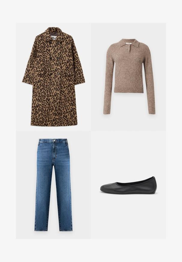 Abrigo de piel de leopardo en marrón y negro, con un diseño de doble botonadura, cuello con muescas y dos bolsillos frontales. Textura suave.; Suéter de lana marrón con cuello tipo camisa, que presenta un patrón de rombos y mangas largas, terminado con puños y dobladillo acanalados.; Jeans rectos azules de talle alto, fabricados en denim. Cuentan con un cierre frontal de botón y cremallera, y un desvanecimiento sutil en la tela.; Bailarina de piel negra con punta redondeada, textura suave, detalle de costura minimalista y diseño de suela flexible.