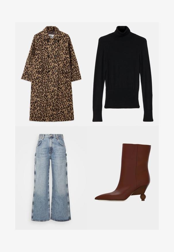 Leopardprint jas in bruin en zwart, met een dubbelzijdig ontwerp, gegoten kraag en twee voorzakken. Zachte textuur.; AERON TENDER LONG SLEEVED - Trui - black; Agolde MAGDA CARPENTER - Wide leg - entrance; Bruine leren enkellaars met een spitse neus en een unieke afgeronde houten hak op een effen lichte achtergrond.