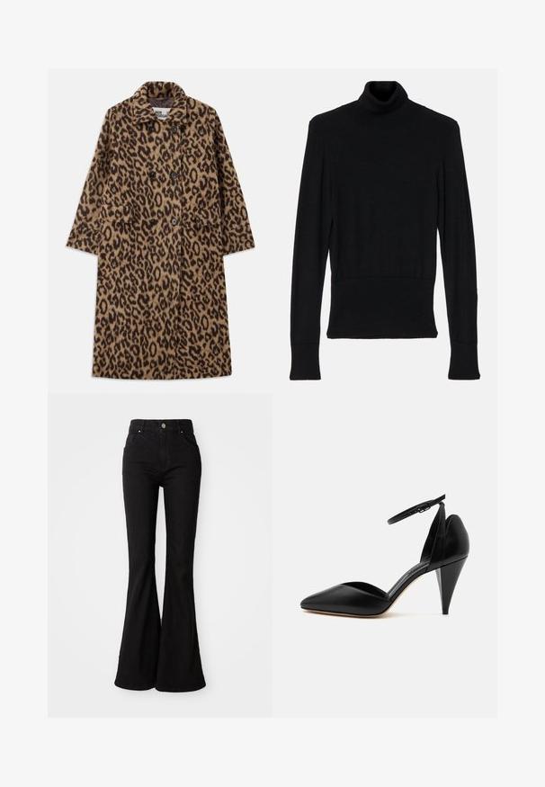Leopardprintfrakke i brun og sort med dobbeltstående design, notch-krave og to forlommer. Blød tekstur.; AERON TENDER LONG SLEEVED - Striktrøje - black; Sorte brede jeans lavet af denim, med høj talje, knaplukning og klassisk fem-lomme design. Glat tekstur og ensartet farve.; Sort læder højhælet sko med spids tå, ankelrem og kegleformet hæl på hvid baggrund.