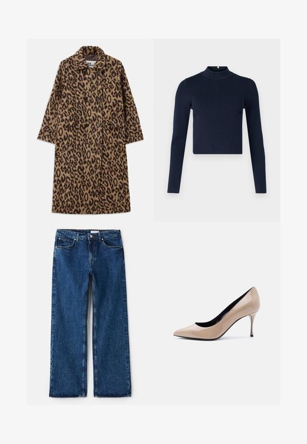Leopardprintfrakke i brun og sort med dobbeltstående design, notch-krave og to forlommer. Blød tekstur.; Marineblå ribbet langærmet top med høj hals og cropped design. Fremstillet af tekstureret stof med en minimalistisk stil.; Bredde ben jeans i mørkeblåt denim med en tekstureret overflade, der har fem lommer, metal nitter og en knaplukning.; Beige laklæder peep-toe højhælet sko med smal stilet-hæl og sort inderfor på hvid baggrund.