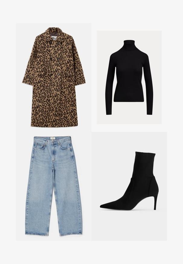 Leopardprintfrakke i brun og sort med dobbeltstående design, notch-krave og to forlommer. Blød tekstur.; Sort, tætsiddende rullekravebluse med lange ærmer og ribstrikket tekstur, vist på en ensartet lys baggrund.; Agolde Baggy jeans - light-blue denim; Sort ankelstøvle med spids tå og slank høj hæl, vist i profil på en lys baggrund. Elegant, minimalistisk design.