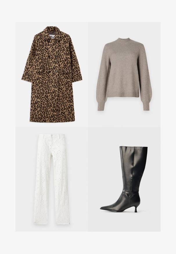 Leopardprint jas in bruin en zwart, met een dubbelzijdig ontwerp, gegoten kraag en twee voorzakken. Zachte textuur.; Beige gebreide trui met geribbelde opstaande kraag, lange pofmouwen en geribbelde manchetten en zoom op een witte achtergrond.; Witte broek met rechte pijpen, bloemrijke opengewerkte borduursels en knoop- en ritsluiting, plat liggend op een lichte achtergrond.; Zwarte leren kniehoge laars met puntige neus en lage kittenhak, weergegeven op een effen lichte achtergrond.