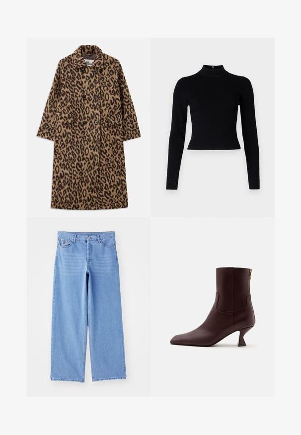 Leopardprintfrakke i brun og sort med dobbeltstående design, notch-krave og to forlommer. Blød tekstur.; Sort ribbet turtleneck sweater med lange ærmer og en tætsiddende silhuet, der har en glat overflade og en lynlåsdetalje på ryggen.; Lys blå brede ben jeans lavet af denim, med et klassisk fem-lomme design og en knaplukning. Glat tekstur, slidte kanter.; Mørkebrun læderankelstøvle med spids tå, buet kitten-hæl og lynlås bagpå mod en ensartet lys baggrund.