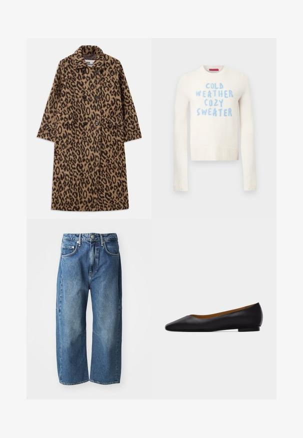Leopardprint jas in bruin en zwart, met een dubbelzijdig ontwerp, gegoten kraag en twee voorzakken. Zachte textuur.; Roomkleurige trui met geribbelde manchetten en zoom, met blauwe tekst: "COLD WEATHER COZY SWEATER." Zachte textuur, ontwerp met ronde hals.; Blauwe denim jeans met een losse, wijde pasvorm, voorzien van voorzakken, een knoop- en ritssluiting, en een subtiele vervaging bij de knieën.; Zwarte leren puntschoen met lage hak en gladde afwerking, zijaanzicht op een lichtgrijze achtergrond.