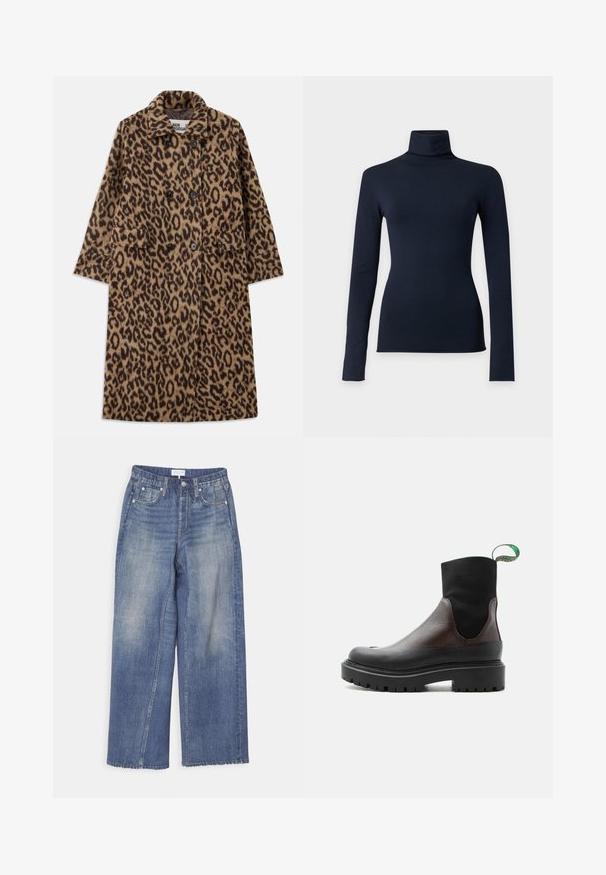 Leopardprint jas in bruin en zwart, met een dubbelzijdig ontwerp, gegoten kraag en twee voorzakken. Zachte textuur.; Donkerblauwe coltrui met lange mouwen en een aansluitende pasvorm, afgebeeld op een effen lichtgrijze achtergrond.; Wijde blauwe denim jeans met een vervaagde afwerking, knoopsluiting, riemlussen en twee frontzakken. Het rafelige zoomdetails zorgt voor textuur.; Zwarte en bruine leren enkellaars met elastische stof bovenwerk, dikke grofprofielzool en groene trekkoordje op een witte achtergrond.