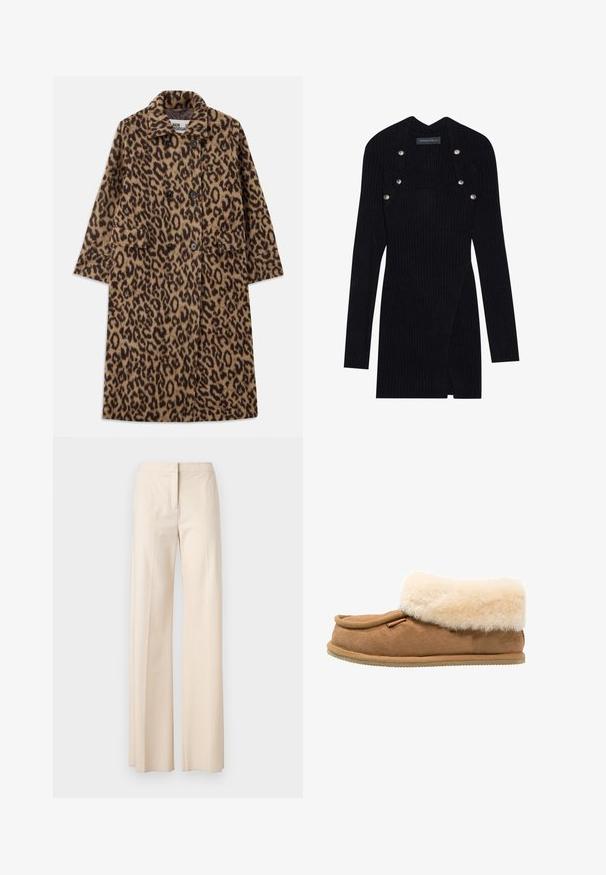 Leopardenmuster Mantel in Braun und Schwarz, mit einem doppelt geknöpften Design, eingekerbtem Kragen und zwei Fronttaschen. Weicher Stoff.; Schwarzes, geripptes Langarmkleid mit einer taillierten Silhouette. Hat einen quadratischen Ausschnitt und silberne Druckknopf-Akzente an der Schulter.; Beige Hosen mit weitem Bein, glatter Textur, maßgeschneidertem Design und verdecktem vorderem Verschluss. Keine sichtbaren Taschen oder Verzierungen.; Braune Wildleder-Slipper mit einem weichen, cremefarbenen Kunstfellbund, abgerundeter Spitze und strukturiertem Boden für besseren Halt. Verfügt über eine dekorative Akzentseite.