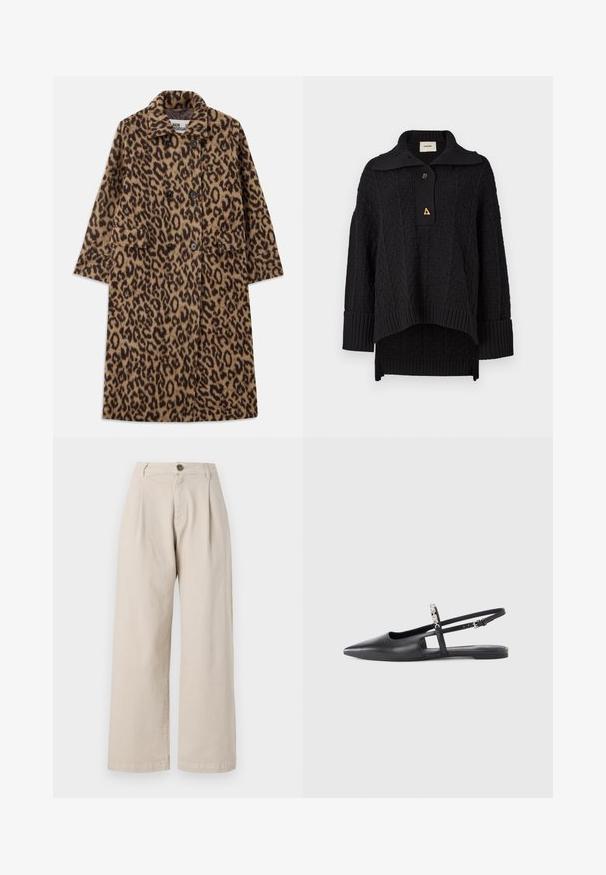 Leopardprint jas in bruin en zwart, met een dubbelzijdig ontwerp, gegoten kraag en twee voorzakken. Zachte textuur.; Zwarte gebreide pullover met een gestructureerd patroon, hoge kraag en knoopsluiting. Geribbelde manchetten en zoom, met een driehoekige gouden accent.; Beige wijde broek met hoge taille, voorplooien, enkele knoopsluiting en een gladde stofstructuur.; Zwart leren slingback platte schoen met puntige neus, uitsnijdingdetails en verstelbare band met een decoratieve bloemaccent.