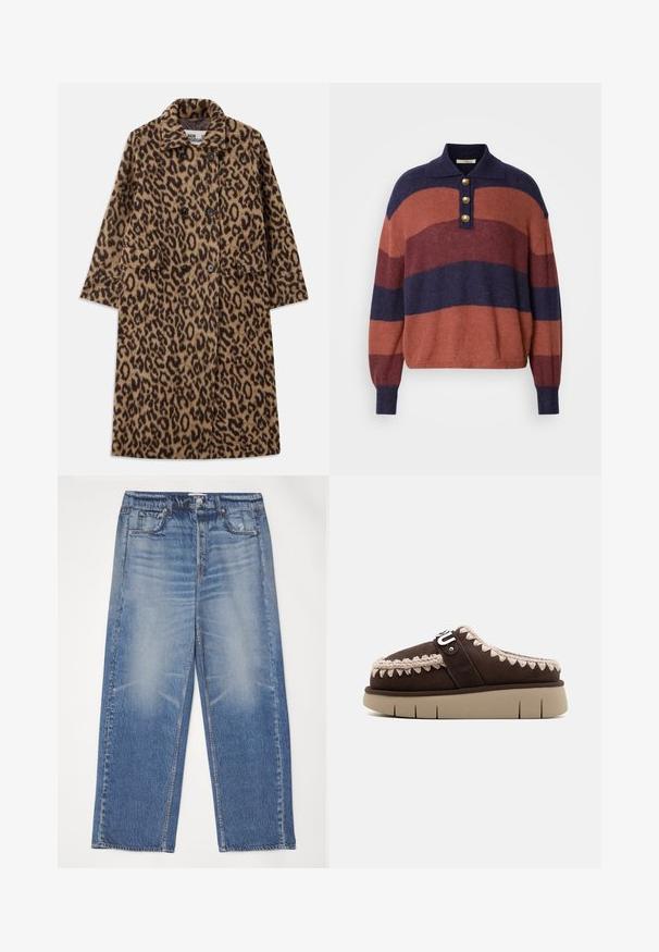 Leopardprint jas in bruin en zwart, met een dubbelzijdig ontwerp, gegoten kraag en twee voorzakken. Zachte textuur.; Gestreepte pullover trui met horizontale strepen in marineblauw, baksteenrood en kastanjebruin. Kraag met drie gouden knopen en geribbelde manchetten.; Blauwe denim jeans met een relaxte pasvorm, vervaagde voorkant, vijf zakken en een knoopsluiting. Voorzien van een zilveren knoop en contraststiksel.; Mou BOUNCE LETTER LOGO - Pantoffels - mocha