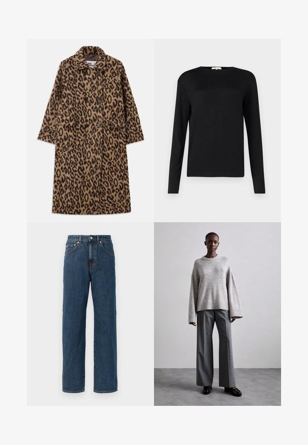 Leopardprint jas in bruin en zwart, met een dubbelzijdig ontwerp, gegoten kraag en twee voorzakken. Zachte textuur.; Zwarte lange mouwen shirt met een ronde halslijn, gemaakt van zachte stof. Heeft een eenvoudig ontwerp zonder versieringen of patronen.; Inktblauwe denim jeans met een rechte pasvorm. Bevat vijf zakken, subtiele stikseldetails en een knoopsluiting bij de taille.; Grijze gebreide trui met brede mouwen en geribbelde onderrand, gecombineerd met hoge grijze broeken met een subtiel ruitenpatroon en zwarte loafers.