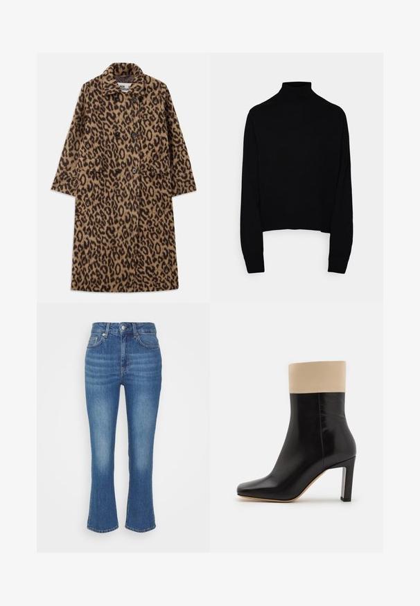 Abrigo de piel de leopardo en marrón y negro, con un diseño de doble botonadura, cuello con muescas y dos bolsillos frontales. Textura suave.; Suéter de cuello alto negro, textura de punto, mangas largas, diseño ajustado, dobladillo y puños acanalados, versátil para superponer.; Vaqueros de cintura alta de color azul con un ligero acampanado en el bajo, fabricados en denim con un acabado ligeramente desgastado y un diseño clásico de cinco bolsillos.; Botín negro de cuero hasta el tobillo con un acento crema en la parte superior, puntera puntiaguda y un tacón alto con detalles en plata. Textura suave sin patrones visibles.