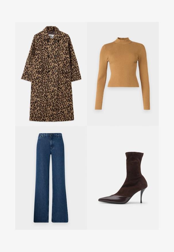 Leopardprintfrakke i brun og sort med dobbeltstående design, notch-krave og to forlommer. Blød tekstur.; Ribbet højhalset top i varm brun. Har lange ærmer, et tætsiddende design og en lille lynlås bagpå. Glat tekstur.; Blå denim flared jeans med høj talje, fem-lomme design og metalknaplukning. Glat tekstur, afslappet stil og minimal syning.; Brune ruskinds ankelstøvle med spids tå og blank bordeauxlakeret tåhætte, der har en slank stilettohæl og tekstureret overdel.