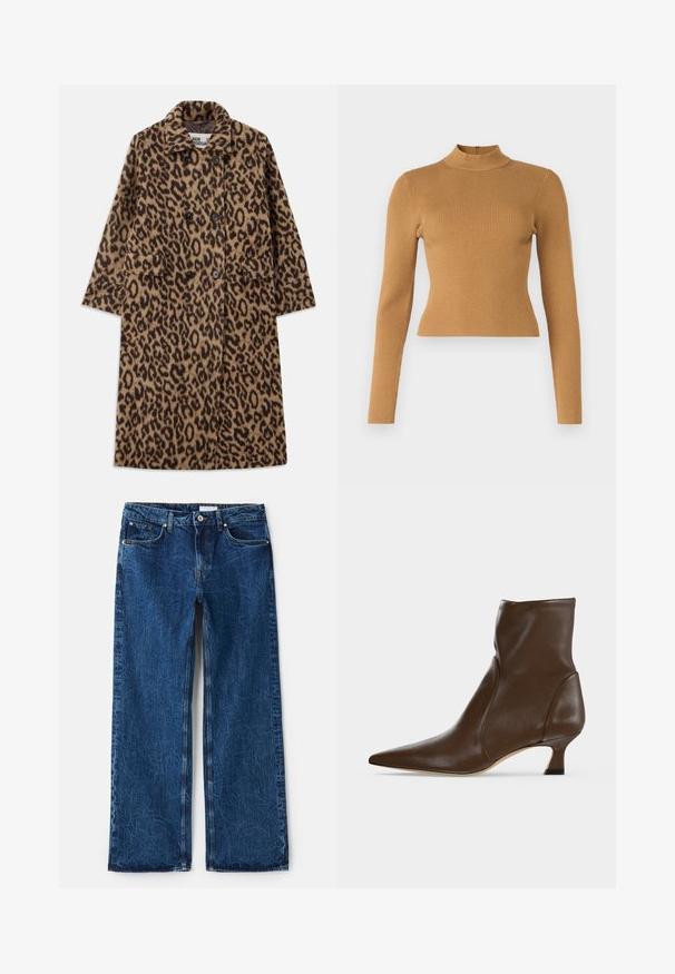 Leopardprint jas in bruin en zwart, met een dubbelzijdig ontwerp, gegoten kraag en twee voorzakken. Zachte textuur.; Geribbelde coltrui in warm bruin. Met lange mouwen, een aansluitend ontwerp en een kleine rits aan de achterkant. Soepele textuur.; Wijde pijpen jeans in donkerblauwe denim met een gestructureerde afwerking, voorzien van vijf zakken, metalen klinknagels en een knoopsluiting.; Bruine leren enkellaars met puntige neus en lage, gebogen hak op een lichte achtergrond.