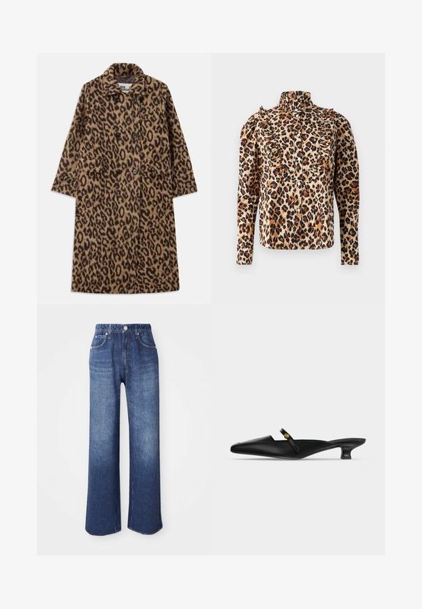 Abrigo de piel de leopardo en marrón y negro, con un diseño de doble botonadura, cuello con muescas y dos bolsillos frontales. Textura suave.; Blusa de estampado de leopardo en beige con detalle de volantes, cuello alto y cierre de botones. Mangas largas con hombros fruncidos y acentos en negro.; Jeans de mezclilla azul de pierna ancha, con una cintura alta, cinco bolsillos y un cierre de botón plateado. La tela tiene una textura suave con un ligero desgaste.; Mule negro con punta afilada, tacón kitten bajo y una fina correa sobre el empeine con un pequeño detalle de botón dorado.