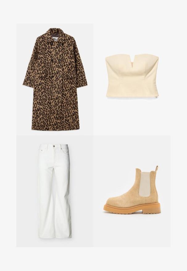 Leopardprint jas in bruin en zwart, met een dubbelzijdig ontwerp, gegoten kraag en twee voorzakken. Zachte textuur.; Crèmekleurige strapless bustiertop met een V-vormige inkeping aan de voorkant en gestructureerde naden voor een aansluitende pasvorm.; Witte jeans met rechte pijpen en hoge taille, voorzien van een knoopsluiting aan de voorkant, rits, en zij- en achterzakken, tegen een effen lichte achtergrond.; ECKHAUS LATTA MIKE BOOT - Lage laarzen - beige