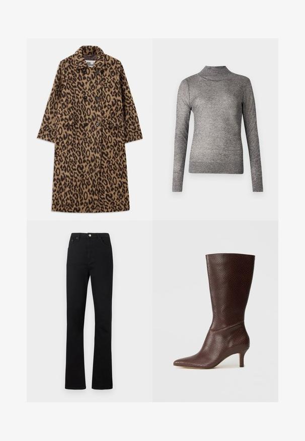 Abrigo de piel de leopardo en marrón y negro, con un diseño de doble botonadura, cuello con muescas y dos bolsillos frontales. Textura suave.; Suéter gris de cuello vuelto con mangas largas, elaborado en un tejido de punto brillante. Presenta un diseño ajustado y un cuello acanalado.; Vaqueros negros de tiro alto y corte recto con bolsillos delanteros, trabillas para cinturón y cierre con botón plateado.; Botín de tobillo de imitación cuero marrón con punta afilada, estampado texturizado de serpiente y un tacón de 5 cm, con un diseño elegante y aerodinámico.