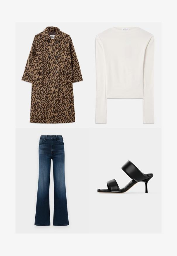 Leopardprintfrakke i brun og sort med dobbeltstående design, notch-krave og to forlommer. Blød tekstur.; Hvid langærmet top lavet af bomuld, med en simpel rund hals og en slim fit. Stof er glat med en let stræk.; Denim flare jeans, mørkeblå med en gradient fading. Har fem lommer og en traditionel knap- og lynlåslukning. Glat tekstur.; Sort læder mule sandal med to brede remme og en slank mellemhøj stiletthæl på en ensartet lys baggrund.