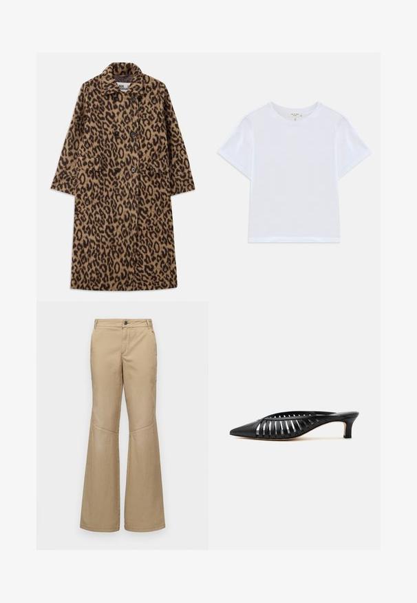 Leopardprintfrakke i brun og sort med dobbeltstående design, notch-krave og to forlommer. Blød tekstur.; Hvid cropped t-shirt lavet af blødt bomuld, med rund hals og korte ærmer og en let løs pasform. Ingen mønstre eller accenter.; Beige brede bukser med knaplukning, for- og sidelommer samt stikninger, lavet af et letvægts, struktureret stof.; Sort læder mule med spids snude, stropdetalje og lav kittenhælk på hvid baggrund.