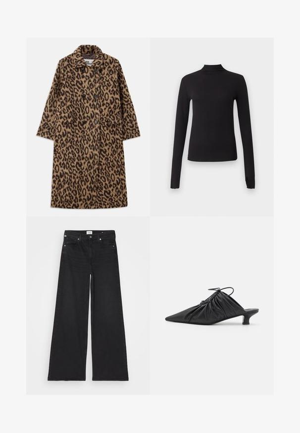 Leopardprint jas in bruin en zwart, met een dubbelzijdig ontwerp, gegoten kraag en twee voorzakken. Zachte textuur.; Zwart aansluitend shirt met lange mouwen en nepkraag, weergegeven op een effen lichtgrijze achtergrond.; Zwarte wijdvallende jeans van denim, met een klassiek vijf-pocket ontwerp en een knoopsluiting bij de taille. Ook heeft de stof een gladde textuur.; Zwarte leren instappers met een spitse neus, gegatherde textuur en een kleine kittenhiel. Heeft een trekkoorddetail aan de opening.