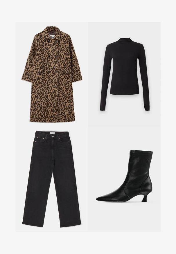 Leopardprint jas in bruin en zwart, met een dubbelzijdig ontwerp, gegoten kraag en twee voorzakken. Zachte textuur.; Zwart aansluitend shirt met lange mouwen en nepkraag, weergegeven op een effen lichtgrijze achtergrond.; Zwarte wijde jeans van denim. Voorzien van een knoopsluiting, vijf-pocket ontwerp en subtiele vervaging. Label leest "AGOLDE."; Zwarte leren midkuitlaars met spitse neus en lage kittenhak, zijaanzicht op een effen lichte achtergrond.