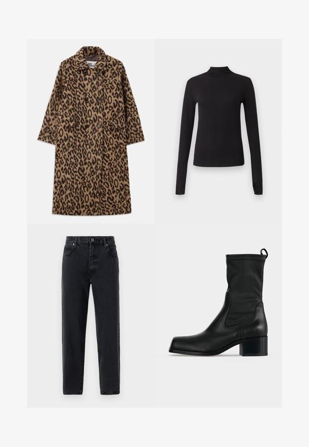 Leopardprint jas in bruin en zwart, met een dubbelzijdig ontwerp, gegoten kraag en twee voorzakken. Zachte textuur.; Zwart aansluitend shirt met lange mouwen en nepkraag, weergegeven op een effen lichtgrijze achtergrond.; Zwarte denim broek met een rechte pijp, voorzien van vijf zakken, een knoopsluiting en zichtbare stikseldetails.; Zwarte leren kuitlaars met vierkante neus, blokhak en trek lus aan de achterkant tegen een effen lichte achtergrond.