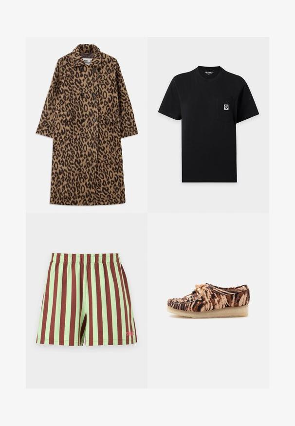 Leopardprintfrakke i brun og sort med dobbeltstående design, notch-krave og to forlommer. Blød tekstur.; Sort kortærmet Carhartt T-shirt med en brystlomme med en lille hvid logo-patch i den øverste højre side af lommen.; Korte shorts med lodrette mintgrønne og brune striber og elastisk talje, med en lille pink logo på det nederste højre ben.; Tigerprint mokkasinstil sko med beige crepesål og tan snørebånd med sorte perler, vist i profil mod en hvid baggrund.