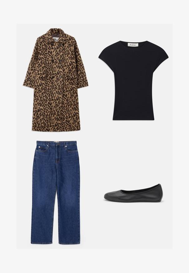 Leopardprint jas in bruin en zwart, met een dubbelzijdig ontwerp, gegoten kraag en twee voorzakken. Zachte textuur.; Zwarte korte mouwen top van zacht stof, met een ronde halslijn en een aansluitende vorm met subtiele schouderaccenten. Etiket zichtbaar.; Donkerblauwe denim jeans met een hoge taille, recht gesneden ontwerp, vijf zakken en zilveren hardware. Heeft subtiele vervaging en gestikte naden.; Zwarte leren ballerina met een ronde neus, gladde textuur, minimale stikdetails en een flexibele zoolontwerp.