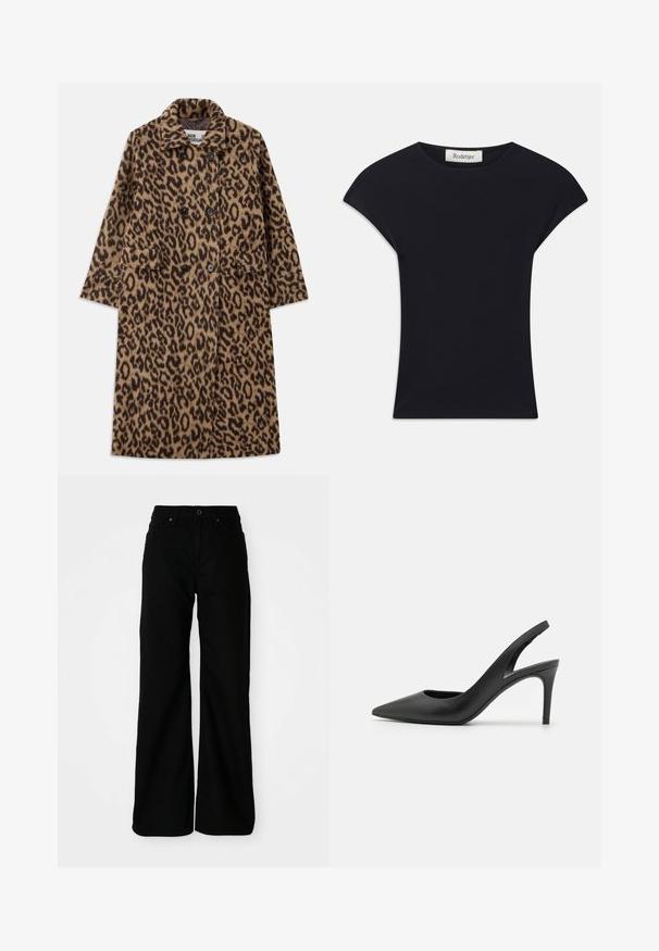 Leopardprint jas in bruin en zwart, met een dubbelzijdig ontwerp, gegoten kraag en twee voorzakken. Zachte textuur.; Zwarte korte mouwen top van zacht stof, met een ronde halslijn en een aansluitende vorm met subtiele schouderaccenten. Etiket zichtbaar.; Zwarte wijde denim broek. Bevat een aansluitende taille, voorzakken en een knoopsluiting. Glad textuur met minimale details.; Zwarte leren slingback hoge hakken met een puntige neus, met een uitsparing aan de voorkant en een dunne stilettohak.