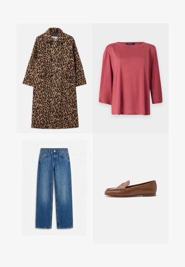 Leopardprintfrakke i brun og sort med dobbeltstående design, notch-krave og to forlommer. Blød tekstur.; Løs pasform, rundhalset bluse i en ensfarvet koralfarve. Har 3/4-lange ærmer og et glat, let stof.; Blå jeans med lige ben, forlommer, bæltestropper og knaplukning, vist fladt på hvid baggrund.; Klassisk brun læderloafer med lav hæl og syninger på mokkatoen, vist i sideprofil på en hvid baggrund.