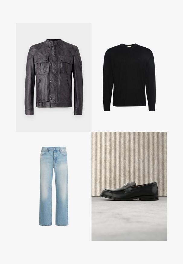 Veste en cuir gris foncé avec col à boucle, deux poches à rabat sur la poitrine avec bouton, deux poches zippées, manches longues et détail à boucle à l'ourlet.; Pull noir à manches longues col rond avec un tissu subtilement texturé et un petit logo brodé sur la poitrine gauche.; Jean en denim bleu clair avec une coupe droite, détails de décoloration, style à cinq poches, fermeture par bouton et passants de ceinture à la taille.; Mocassin en cuir noir avec une plaque de marque en métal reposant près d'une table ronde marron sur un sol recouvert de moquette beige.
