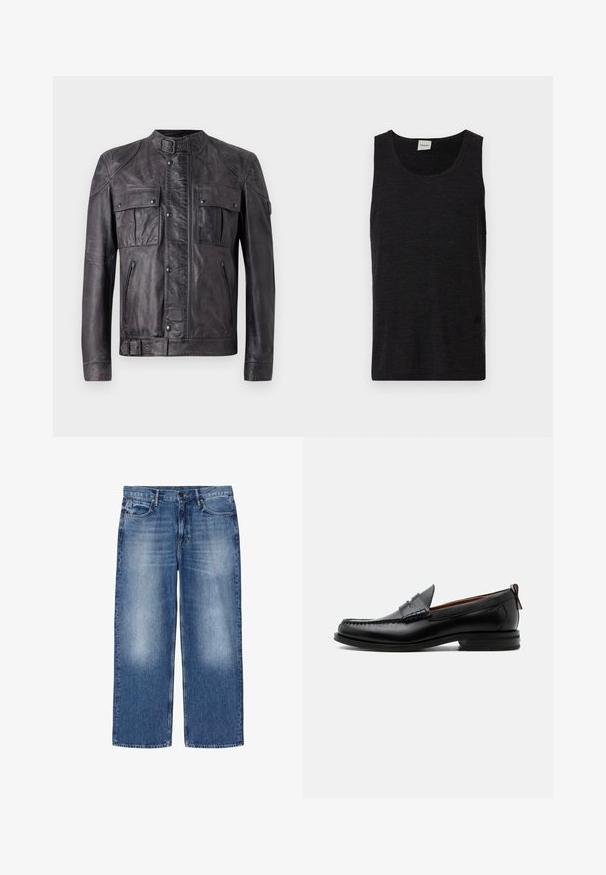 Veste en cuir gris foncé avec col à boucle, deux poches à rabat sur la poitrine avec bouton, deux poches zippées, manches longues et détail à boucle à l'ourlet.; Débardeur noir sans manches en matériau texturé. Doté d'un col rond et d'un accent logo discret près de l'ourlet. Design simple.; Jean en denim bleu délavé, coupe droite, avec cinq poches et fermeture par boutons, présenté à plat sur fond blanc.; Mocassin homme en cuir noir avec couture moc toe, bride penny, col texturé et petit talon empilé sur fond blanc.