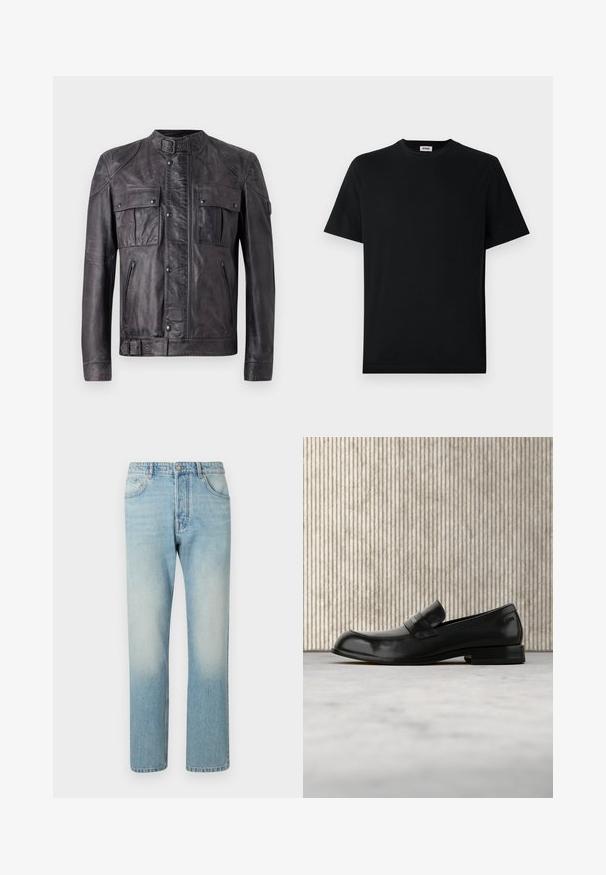 Mørkegrå læderjakke med spænde krave, to brystlommer med klap og knapper, to lynlåslommer, lange ærmer og spænde detalje ved kanten.; Simpel sort kortærmet T-shirt med rund hals, præsenteret fladt mod en hvid baggrund, med et lille mærke syet ind i kraven.; Lyseblå jeans lavet af denim, med et lige ben-design, fem lomme-struktur og falmet vaskeffekt ved lårene.; Sort læderloafer med metalaccent, vist svævende over et beige tæppe, med et rundt, ravfarvet bord i baggrunden.