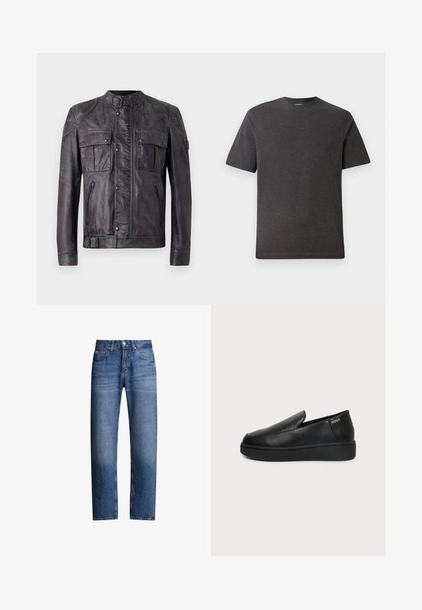 Mørkegrå læderjakke med spænde krave, to brystlommer med klap og knapper, to lynlåslommer, lange ærmer og spænde detalje ved kanten.; Grå kortærmet t-shirt lavet af et blødt, let stof med rund hals og minimale sømme. Velegnet til afslappet brug.; Blå denimjeans med lige pasform, fem lommer og lynlås. Har en let falmet effekt og syninger langs sømmene.; Sort læder slip-on sko med tyk sål og små sideventilationshuller, med gulddetalje "HUGO" logo nær hælen.