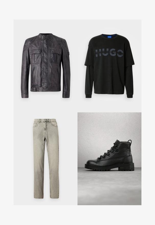 Mørkegrå læderjakke med spænde krave, to brystlommer med klap og knapper, to lynlåslommer, lange ærmer og spænde detalje ved kanten.; Sort oversized t-shirt med rund halsudskæring. Har et fremtrædende mat sort "HUGO" logo på brystet. Blødt bomuldsmateriale, lange ærmer.; Lysegrå denimjeans med en lige pasform, fem lommer og knappelukning. Stoffet har en let struktureret overflade.; Sorte læderankelstøvler med tekstureret overdel, seks snørehuller og en robust sål. Har en hælkappe for nem påtagning.