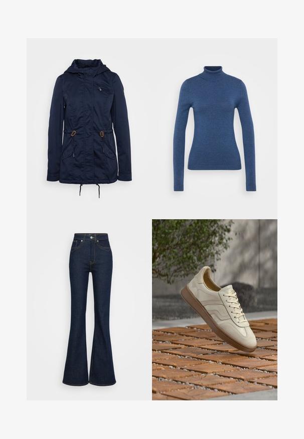 Mørkeblå udendørs jakke med en lynlåslomme på brystet, snore i taljen og to forlommer. Fremstillet af letvægtigt materiale.; Blå turtleneck sweater lavet af blødt strikmateriale. Tætsiddende design med lange ærmer og ribbede manchetter og nederste kant. Ensartet tekstur.; Mørkeblå højtaljede denimjeans med vippede ben, for- og baglommer, sølvfarvet knaplukning og orange syninger.; Sneakers i cremefarve med en struktureret beige gummisål, snøredesign og diskret brand på siden. Overdel i glat læder.