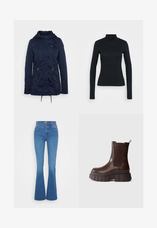 Veste de plein air bleu marine avec une poche poitrine zippée, des cordons de serrage à la taille et deux poches frontales. Fabriquée en tissu léger.; Pull à col roulé noir à manches longues à côtes, avec une silhouette ajustée sur un fond clair.; Jeans en denim bleu évasés avec une taille haute, comportant deux poches avant, une fermeture à bouton et une finition lisse légèrement texturée.; Bottines en cuir marron foncé avec une semelle épaisse et chunky et un panneau latéral en élastique, sur fond blanc uni.