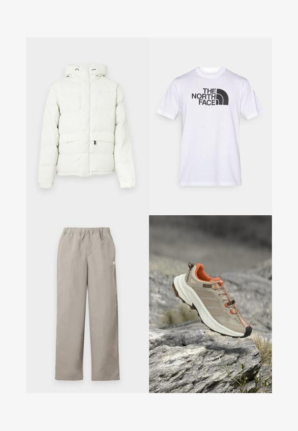 Veste matelassée blanche avec capuche, dotée d'une fermeture éclair, d'un design matelassé, de deux poches avant et d'un discret logo sur la poitrine.; T-shirt en coton blanc avec un logo noir "THE NORTH FACE" et un élément de design incurvé. Manches courtes et col rond.; Pantalon beige à jambe droite avec une ceinture élastique et un petit logo blanc sur la couture latérale droite.; Chaussure de randonnée beige et orange avec semelle épaisse, étiquette GORE-TEX et marque "TERREX", montrée au-dessus d'un terrain rocheux.