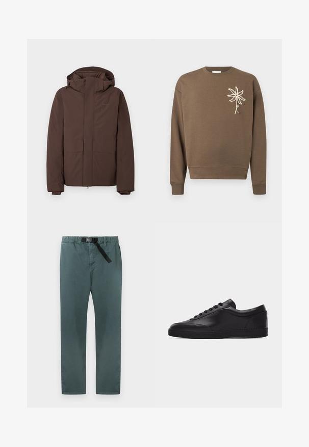Doudoune marron avec un col montant et une capuche, comprenant deux grandes poches avant et une fermeture éclair. Fabriquée en matériau résistant aux intempéries.; Sweat-shirt marron à col rond avec manches longues et un motif de fleur blanche brodée sur la poitrine gauche.; Pantalon droit vert foncé avec taille élastique et ceinture noire intégrée réglable avec fermeture à boucle.; Baskets basses en cuir noir avec lacets sur le devant et semelle en caoutchouc plate, vues de côté sur un fond blanc uni.