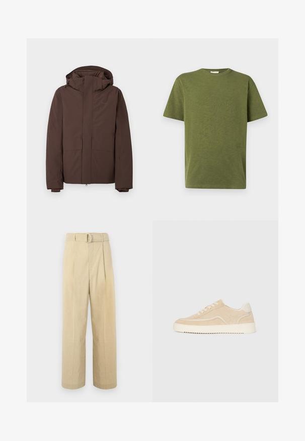 Doudoune marron avec un col montant et une capuche, comprenant deux grandes poches avant et une fermeture éclair. Fabriquée en matériau résistant aux intempéries.; T-shirt en coton vert olive avec une coupe décontractée, un col rond et des manches courtes. Présente un détail de texte subtil sur le côté gauche à l'avant.; Pantalon beige taille haute à jambes larges avec passants de ceinture et ceinture argentée en forme de D, présentant des plis à l'avant et une texture de tissu lisse.; Baskets en daim beige avec semelle et lacets blancs, design basse, et motif de semelle en zigzag.