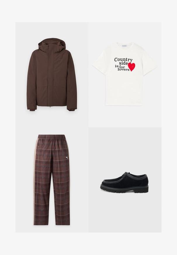Doudoune marron avec un col montant et une capuche, comprenant deux grandes poches avant et une fermeture éclair. Fabriquée en matériau résistant aux intempéries.; T-shirt en coton blanc avec des manches courtes. Présente un texte noir disant "La campagne est faite pour les amoureux" et un graphique de cœur rouge. Design simple.; Pantalon de survêtement à carreaux marron avec taille élastique, bandes latérales beige, poches avant et logo Puma blanc sur la cuisse droite.; Chaussure à lacets en daim noir avec semelle en caoutchouc épaisse et embout arrondi, vue de profil sur fond gris clair.